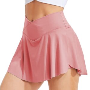 RIOJOY Tennis Skirts for Women with Pockets Inner Shorts Cross High Waisted Golf Athletic Running Workout Sports Outfits(A# V-Waist Pink,M)