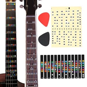 guitar fretboard stickers,1pc colorful guitar fretboard note decal with 1pc guitar fretboard stickers numbers and 2pc guitar pick for beginner learner practice fit 6 strings acoustic electric guitars…