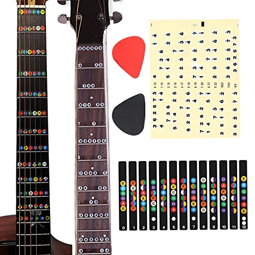 Guitar Fretboard Stickers,1pc Colorful Guitar Fretboard Note Decal with 1pc Guitar Fretboard Stickers Numbers and 2pc Guitar Pick for Beginner Learner Practice Fit 6 Strings Acoustic Electric Guitars…