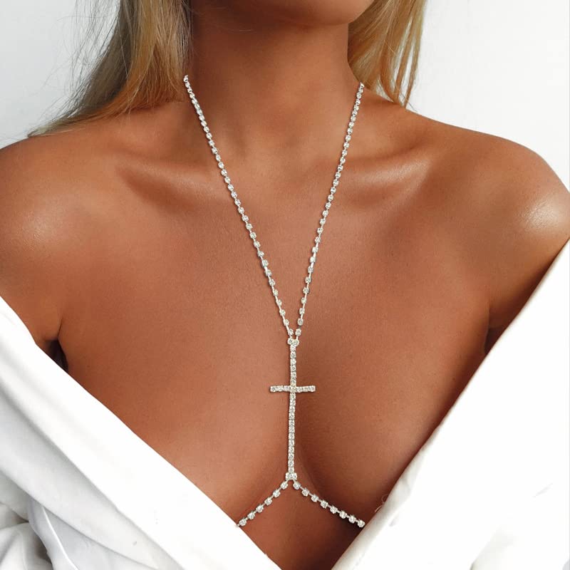 Blindery Sexy Body Bracket Rhinestone Body Chain Jewelry Silver Belly Waist Chain Bikini Party Club Chest Chain for Women and Girls (Cross)