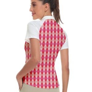 Women's Plaid Golf Polo Shirts Short Sleeve Moisture Wicking Golf Apparel Lady Argyle Golf Tops (Pink Argyle, Large)