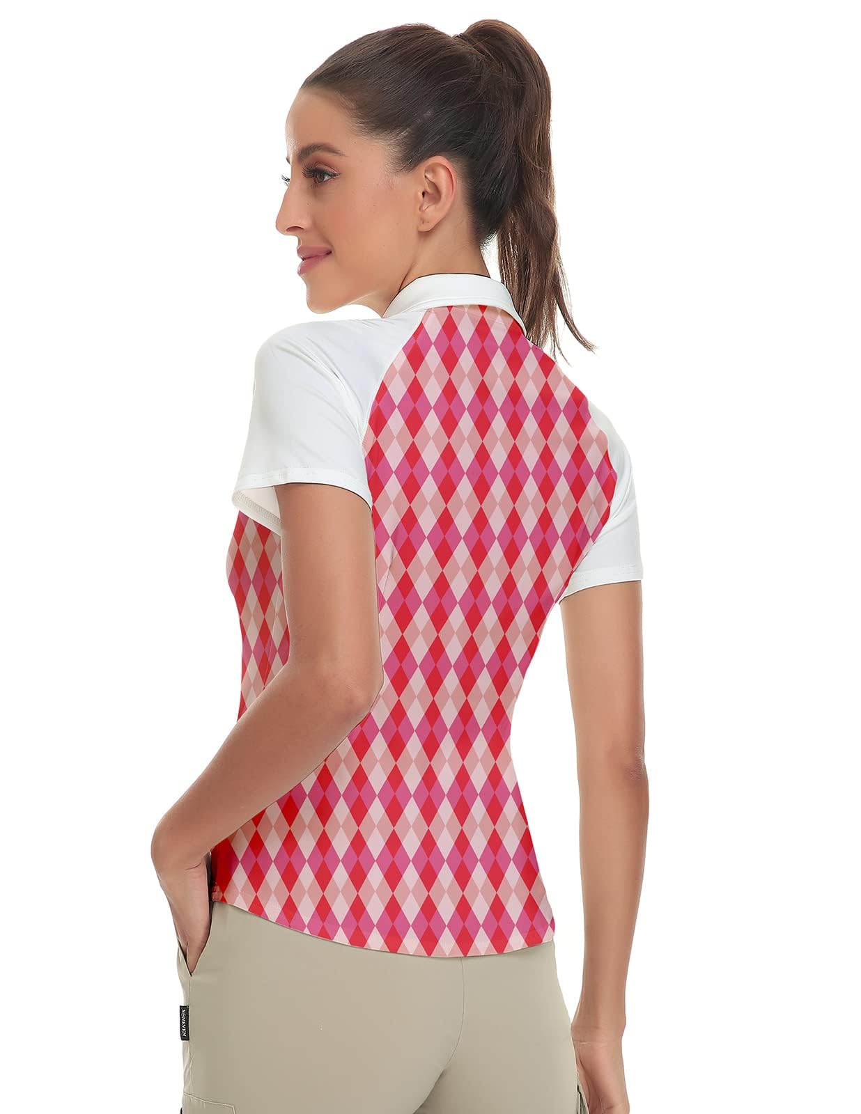 Women's Plaid Golf Polo Shirts Short Sleeve Moisture Wicking Golf Apparel Lady Argyle Golf Tops (Pink Argyle, Large)