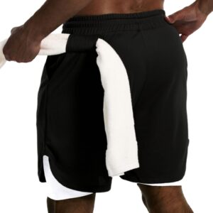 JWJ Mens 2 in 1 Running Shorts Quick Dry Gym Athletic Workout Clothes with Side Pockets,Black White X-Large