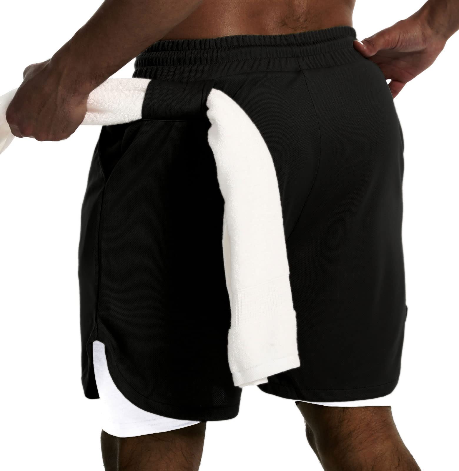 JWJ Mens 2 in 1 Running Shorts Quick Dry Gym Athletic Workout Clothes with Side Pockets,Black White X-Large