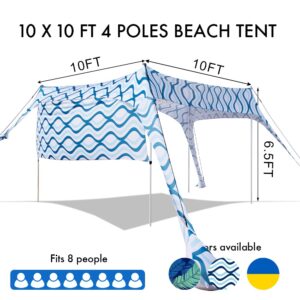 Beach Sunshade with Side Wall Shade Windproof Design,Sun Shelter UPF50+ Portable Family Canopy Tent Anchors 10x10 FT 4 Poles Pop Up Outdoor Shelter for Beach,Backyard and Picnics