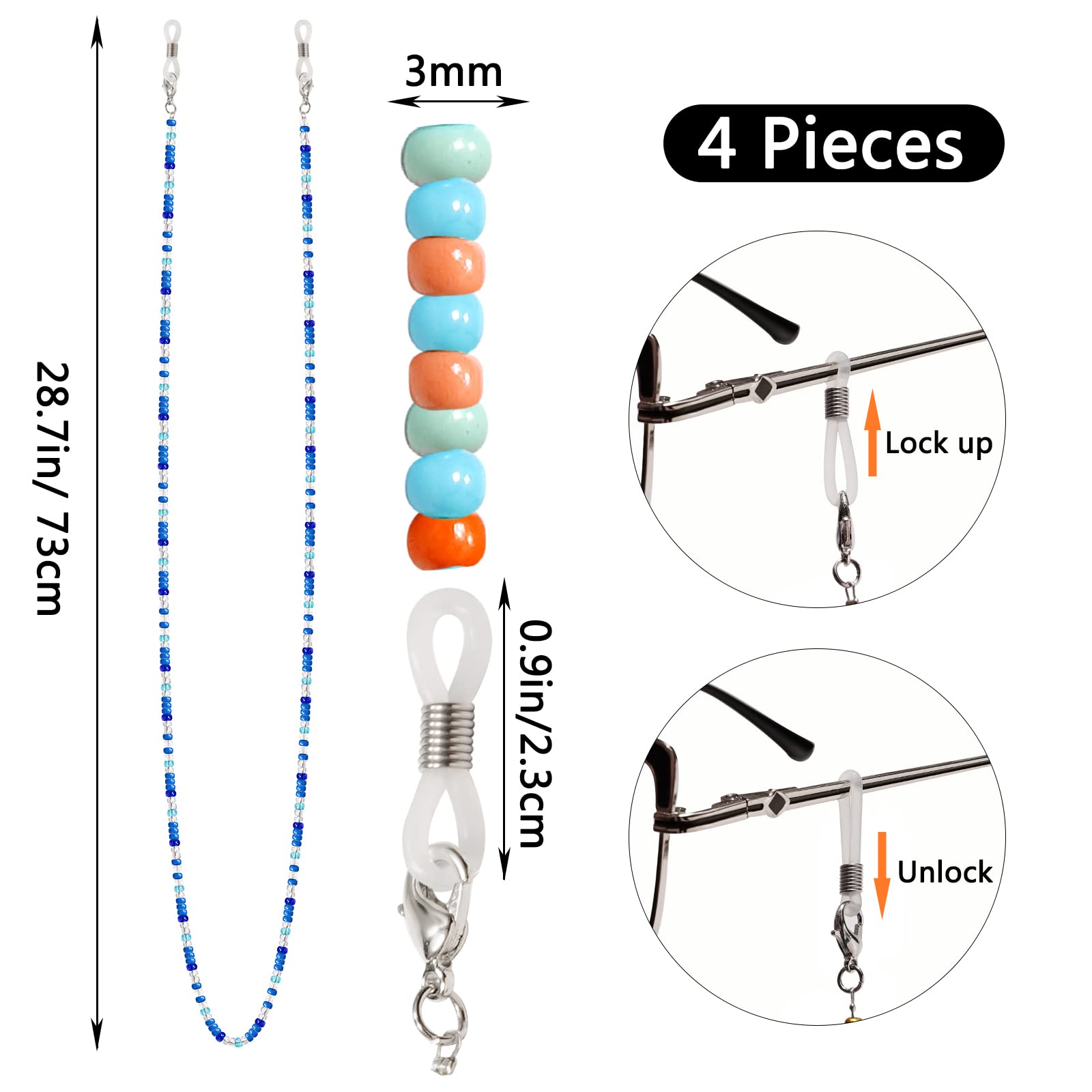 BILIONE 4 PCS Eyeglass Chains, Sunglass Holder Strap, glasses Hanger Keeper Around Neck, Beaded Acrylic Eyewear Accessory Lanyard, Face Mask Lanyard Retainer for Women Girls