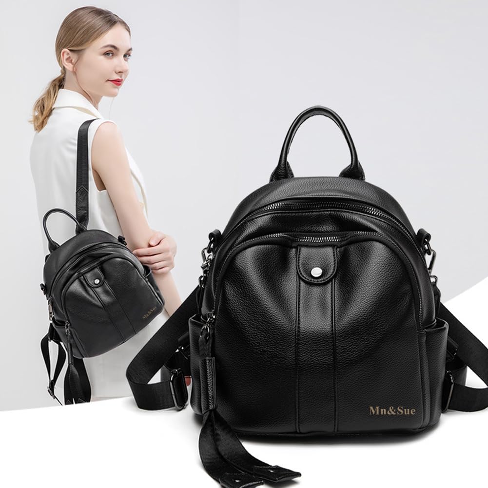 Mn&Sue Black Backpack Purse for Women Small Size Leather Backpack Fashion Shoulder Bags Rucksack (Style - A)