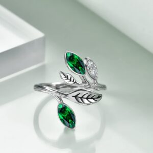 AOBOCO 925 Sterling Silver Emerald Green Rings for Women CZ Leaf Birthday Ring Jewelry Packaged with Jewelry Box Mothers Day Gifts Adjustable ring dimensions for Women Wife(6# to 9#)