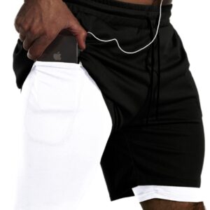 JWJ Mens 2 in 1 Running Shorts Quick Dry Gym Athletic Workout Clothes with Side Pockets,Black White X-Large