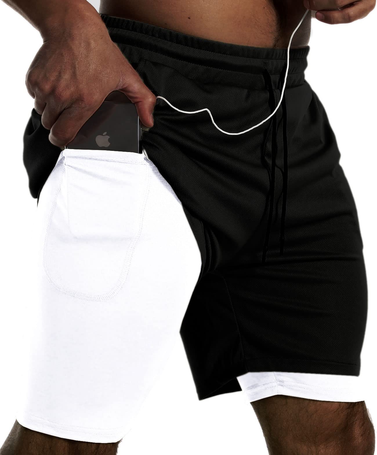 JWJ Mens 2 in 1 Running Shorts Quick Dry Gym Athletic Workout Clothes with Side Pockets,Black White X-Large