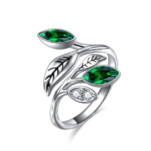 AOBOCO 925 Sterling Silver Emerald Green Rings for Women CZ Leaf Birthday Ring Jewelry Packaged with Jewelry Box Mothers Day Gifts Adjustable ring dimensions for Women Wife(6# to 9#)