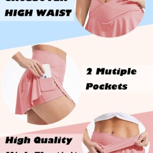 RIOJOY Tennis Skirts for Women with Pockets Inner Shorts Cross High Waisted Golf Athletic Running Workout Sports Outfits(A# V-Waist Pink,M)