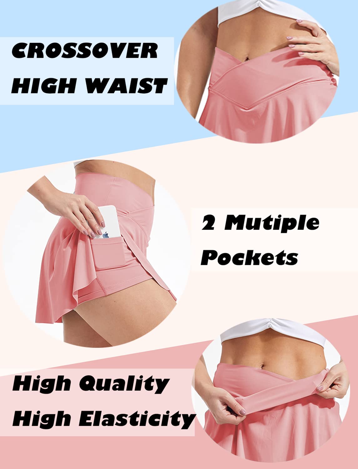 RIOJOY Tennis Skirts for Women with Pockets Inner Shorts Cross High Waisted Golf Athletic Running Workout Sports Outfits(A# V-Waist Pink,M)