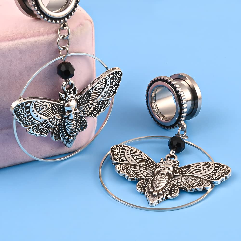 DOEARKO 2PCS Butterfly Pendant Hypoallergenic Stainless Steel Dangle Ear Plugs Tunnels Gauges Stretcher Pair Selling 2g 0g Piercing Body Jewelry (6mm(2G), Silver)