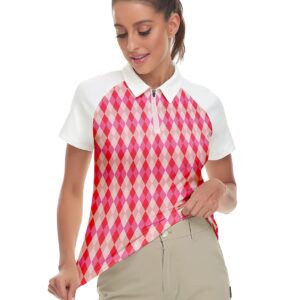 Women's Plaid Golf Polo Shirts Short Sleeve Moisture Wicking Golf Apparel Lady Argyle Golf Tops (Pink Argyle, Large)