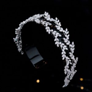 Jorsnovs Cubic Zirconia Double Layer Leaves Wedding Bride Headband Princess Bridal Zircon Tiaras Headwear for Women Prom Party Headpieces Hair Accessories