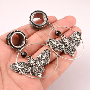 DOEARKO 2PCS Butterfly Pendant Hypoallergenic Stainless Steel Dangle Ear Plugs Tunnels Gauges Stretcher Pair Selling 2g 0g Piercing Body Jewelry (6mm(2G), Silver)