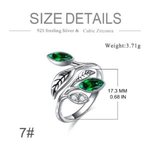 AOBOCO 925 Sterling Silver Emerald Green Rings for Women CZ Leaf Birthday Ring Jewelry Packaged with Jewelry Box Mothers Day Gifts Adjustable ring dimensions for Women Wife(6# to 9#)