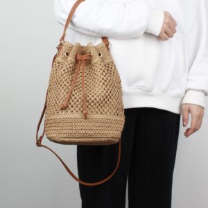 Van Caro Shoulder Bucket Bag Straw Tote StrawHandwoven Drawstring Beach/Crossbody Bag for Women,Light Coffee