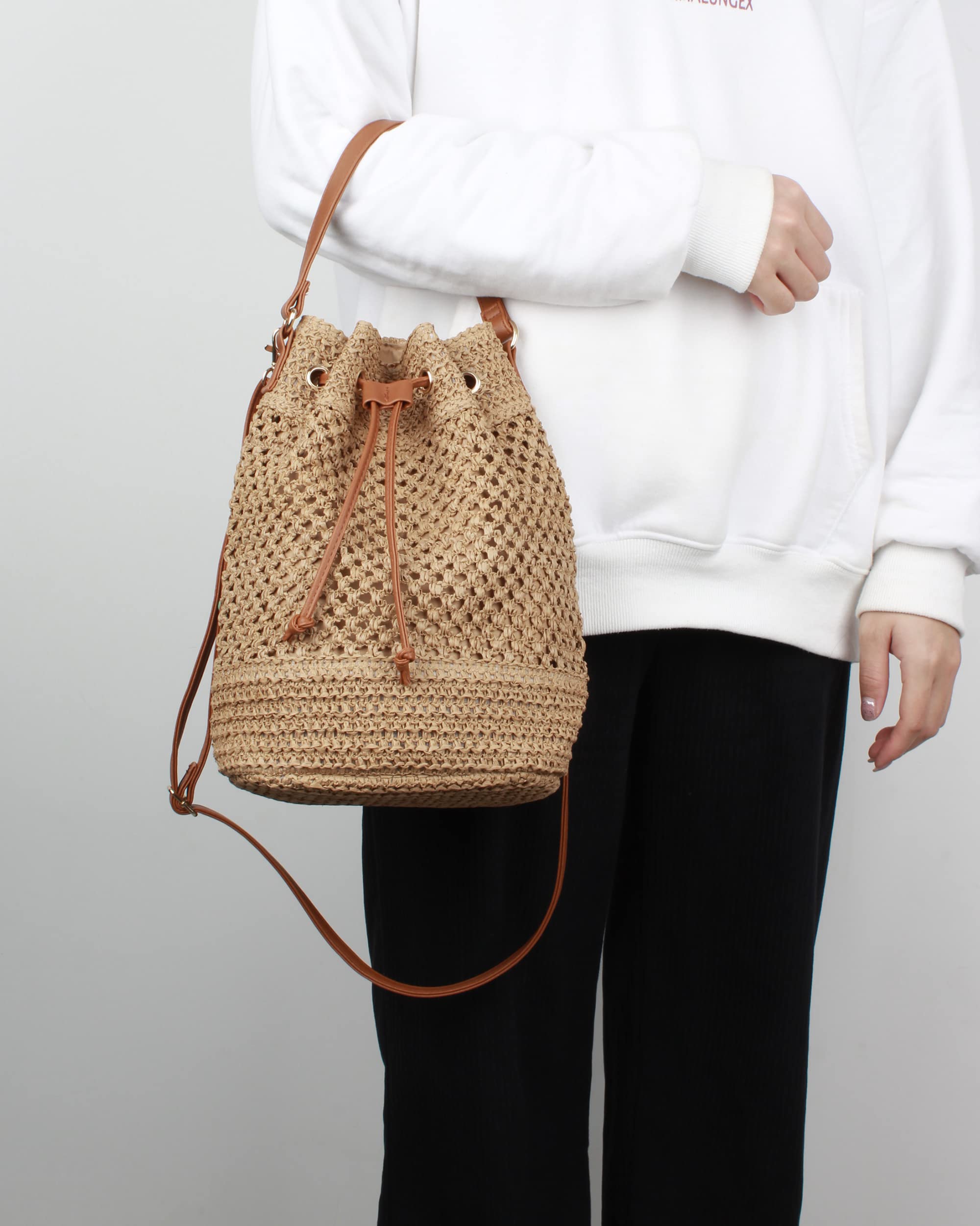 Van Caro Shoulder Bucket Bag Straw Tote StrawHandwoven Drawstring Beach/Crossbody Bag for Women,Light Coffee