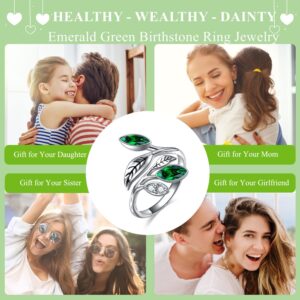 AOBOCO 925 Sterling Silver Emerald Green Rings for Women CZ Leaf Birthday Ring Jewelry Packaged with Jewelry Box Mothers Day Gifts Adjustable ring dimensions for Women Wife(6# to 9#)