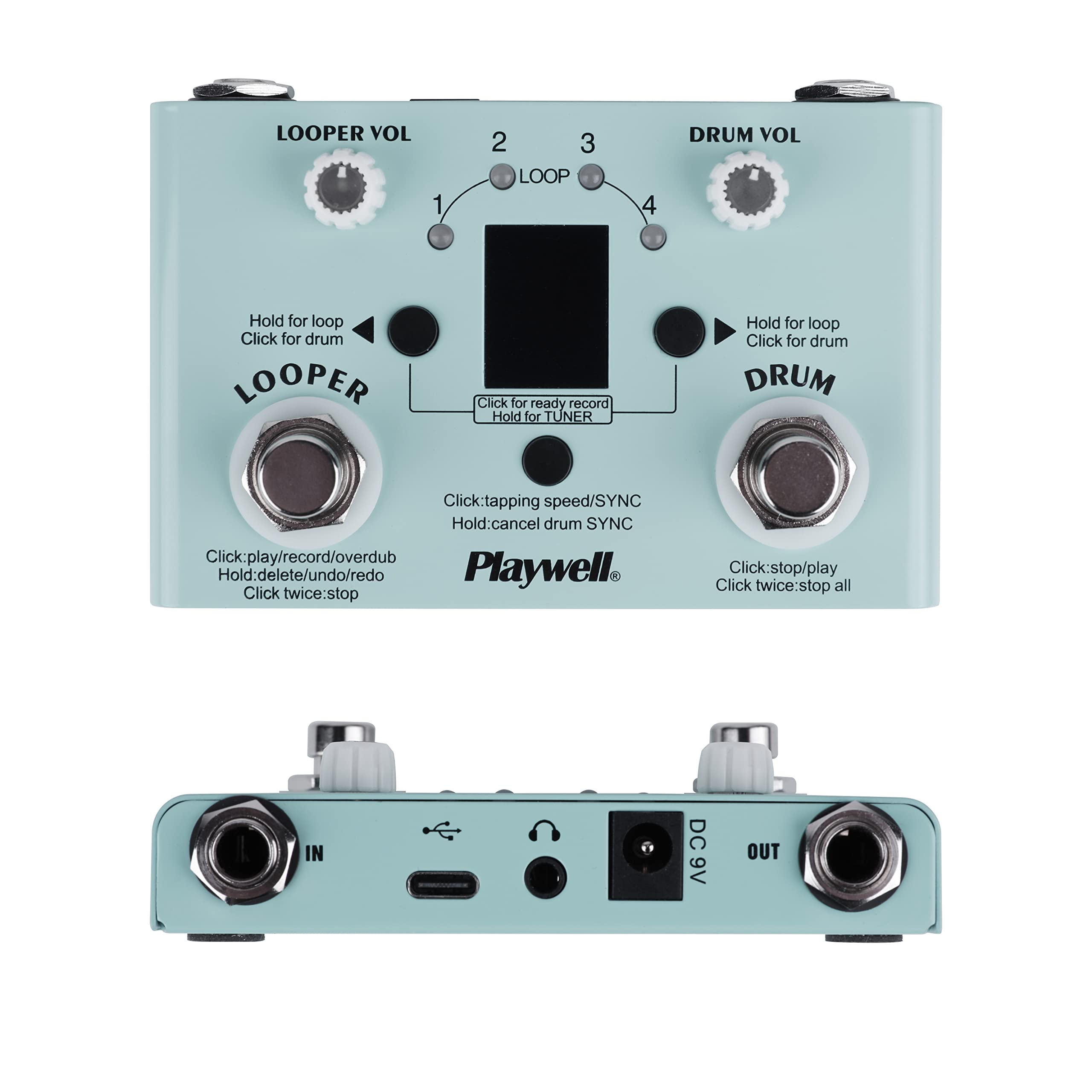 Playwell Drum Machine Looper with Tuner - 11 Minutes Looper 30 Drums - Link app to customize, edit and share drum codes - two kinds of power supply - Headphone Jack，digital display，LED indicator