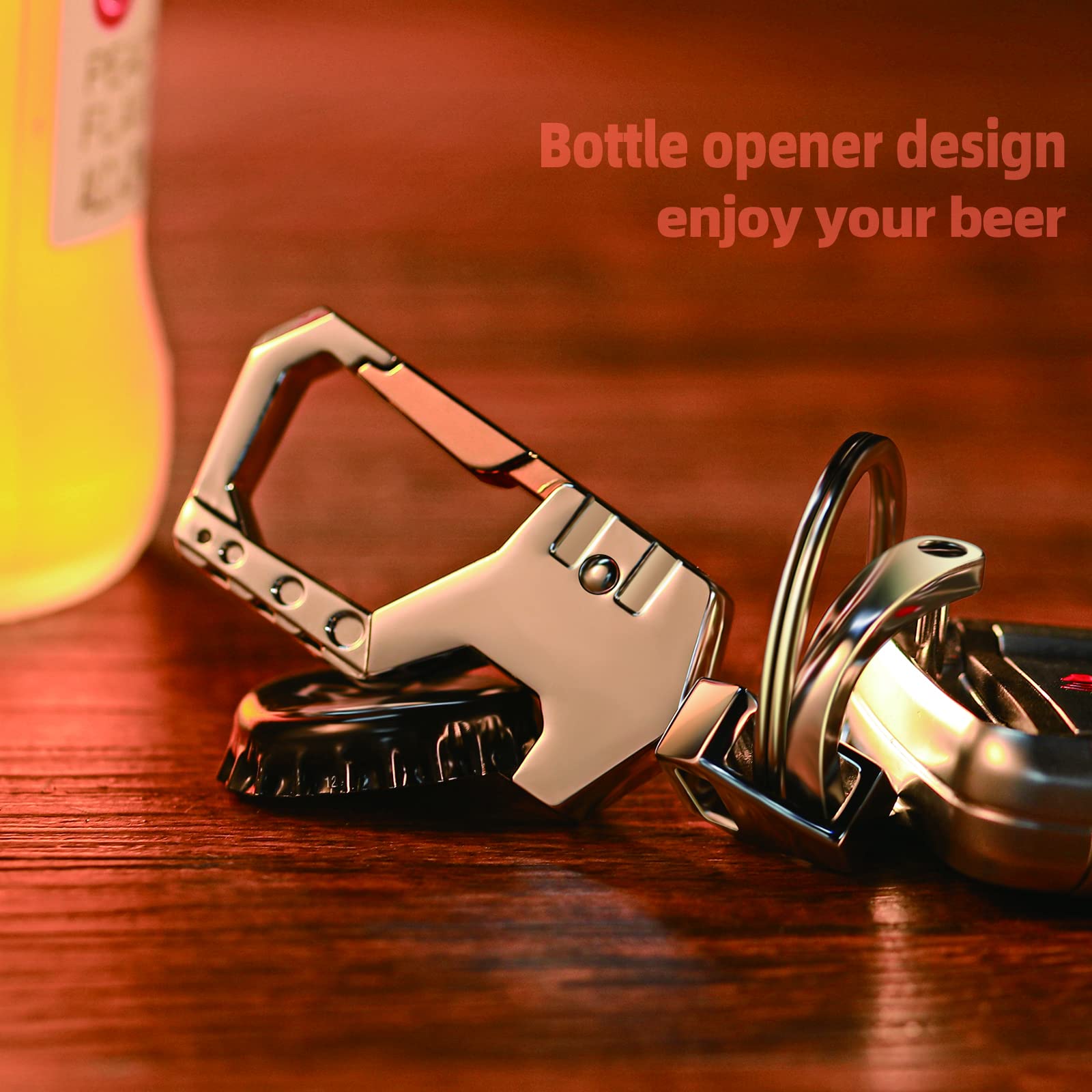 Mtverver Heavy Duty Key Chain with (1 key ring and 1 D-ring),Bottle Opener,Carabiner Car Key Chains (Silver)