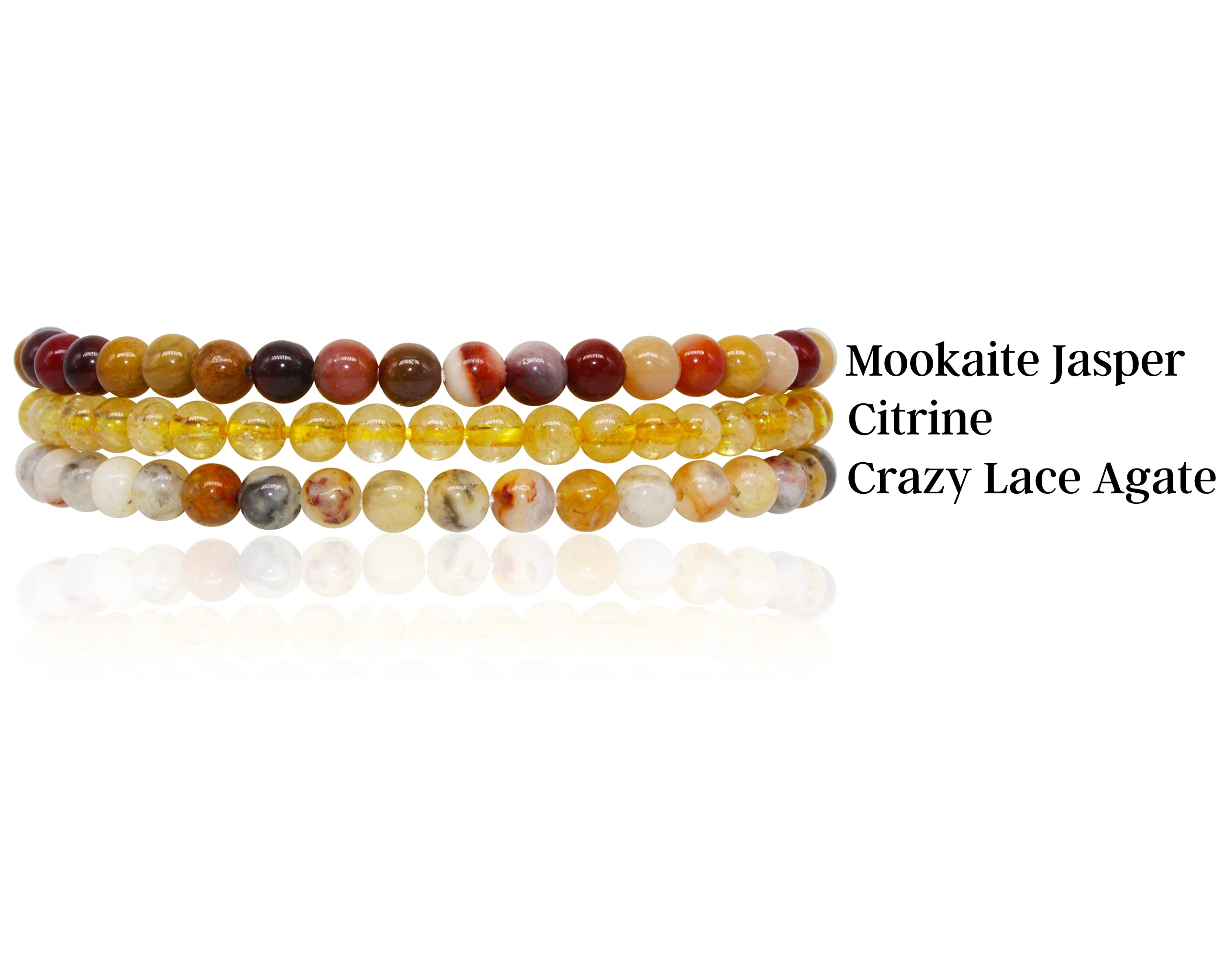 Joy Happiness Attract Positive Energy Stackable Beaded Gemstone Crystal Bracelet Set - Solar Plexus - Citrine, Crazy Lace Agate, Mookaite