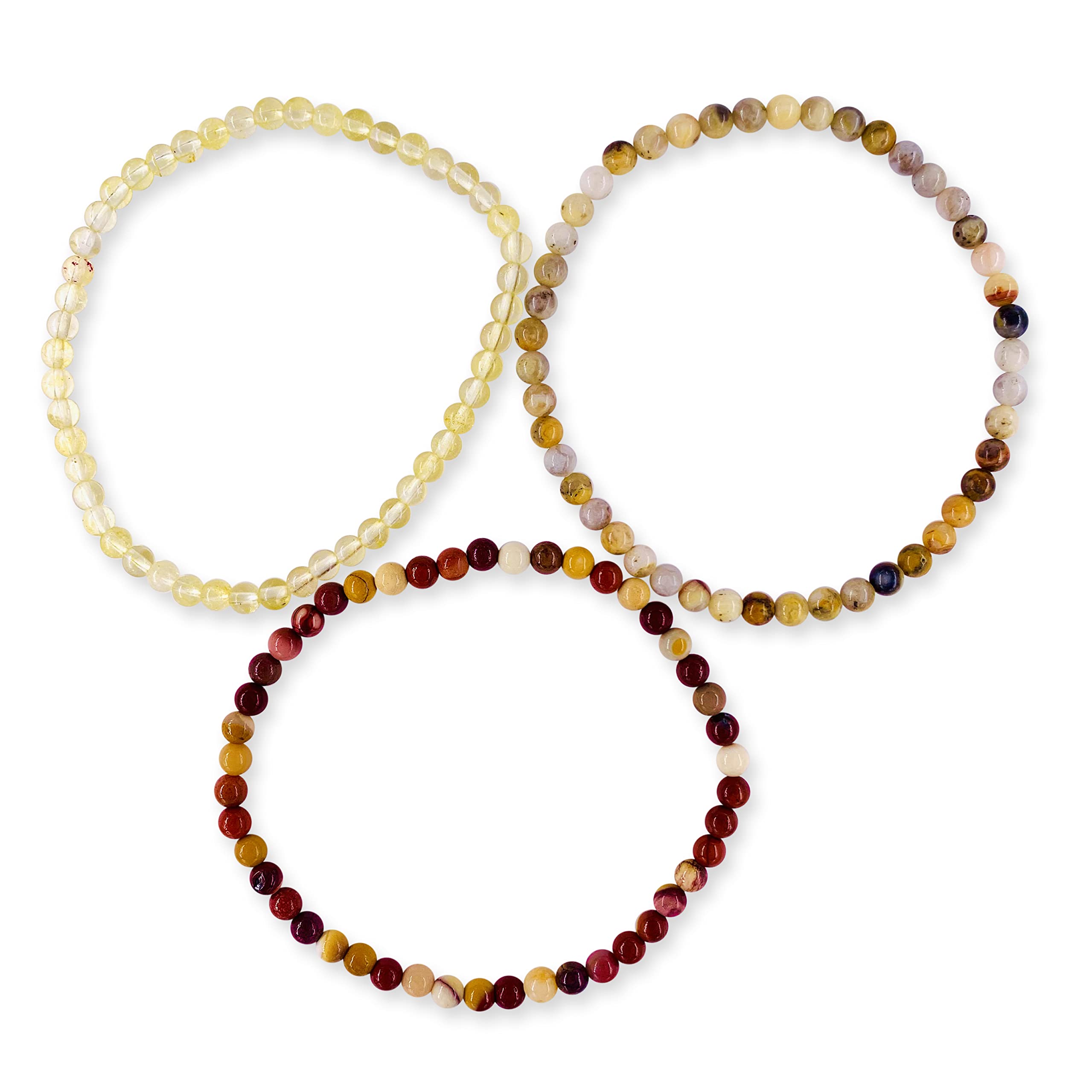 Joy Happiness Attract Positive Energy Stackable Beaded Gemstone Crystal Bracelet Set - Solar Plexus - Citrine, Crazy Lace Agate, Mookaite