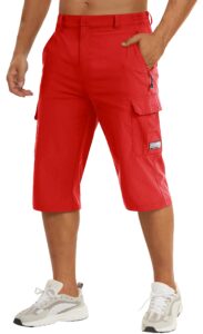 tacvasen mens capris shorts men's below knee shorts red cargo shorts tactical workout shorts casual hiking shorts zipper pocket shorts men