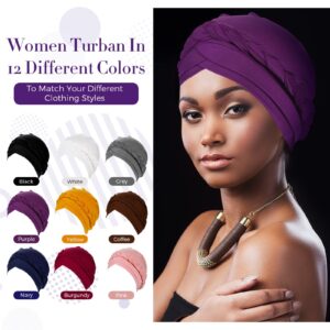 9 Pack Braid Turban Cap for Women Ethnic Bohemia Twisted Hair Cover Wrap Hat African Pre Tied Bonnet Chemo Cancer Braid Turban Hat Beanies Headwear Multicoloured