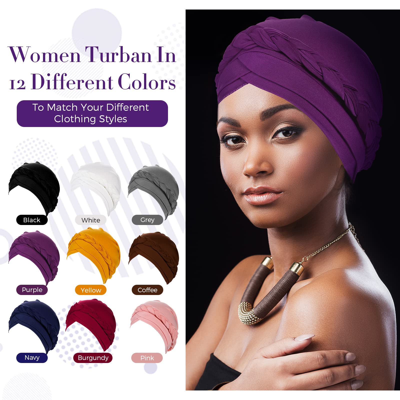 9 Pack Braid Turban Cap for Women Ethnic Bohemia Twisted Hair Cover Wrap Hat African Pre Tied Bonnet Chemo Cancer Braid Turban Hat Beanies Headwear Multicoloured