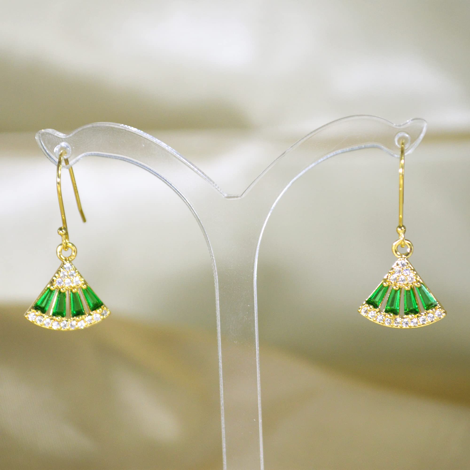 MOMOCAT 18K Gold Plated Triangle Small Emerald Green and Gold Statement Fringe Hanging Chandelier Rhinestone Drop Earrings for Women Jewelry Dangle Fashion