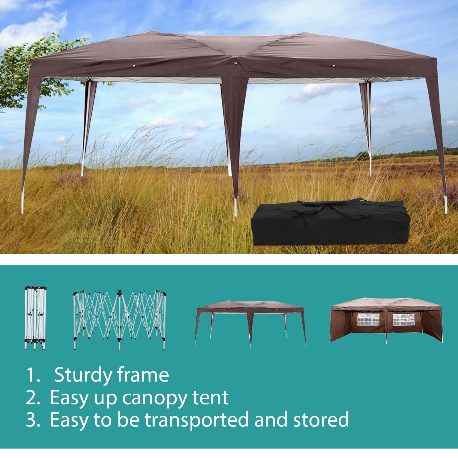 BELANITAS 10x20 Canopy Tent with 4 Walls Folding Tent,Two Doors and Two Windows Pop Up Canopy,Adjustable Height Pop Up Canopy Tent,Outdoor Party Tents for Events,Brown