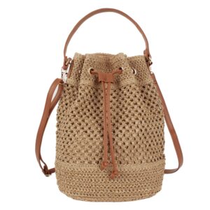 Van Caro Shoulder Bucket Bag Straw Tote StrawHandwoven Drawstring Beach/Crossbody Bag for Women,Light Coffee