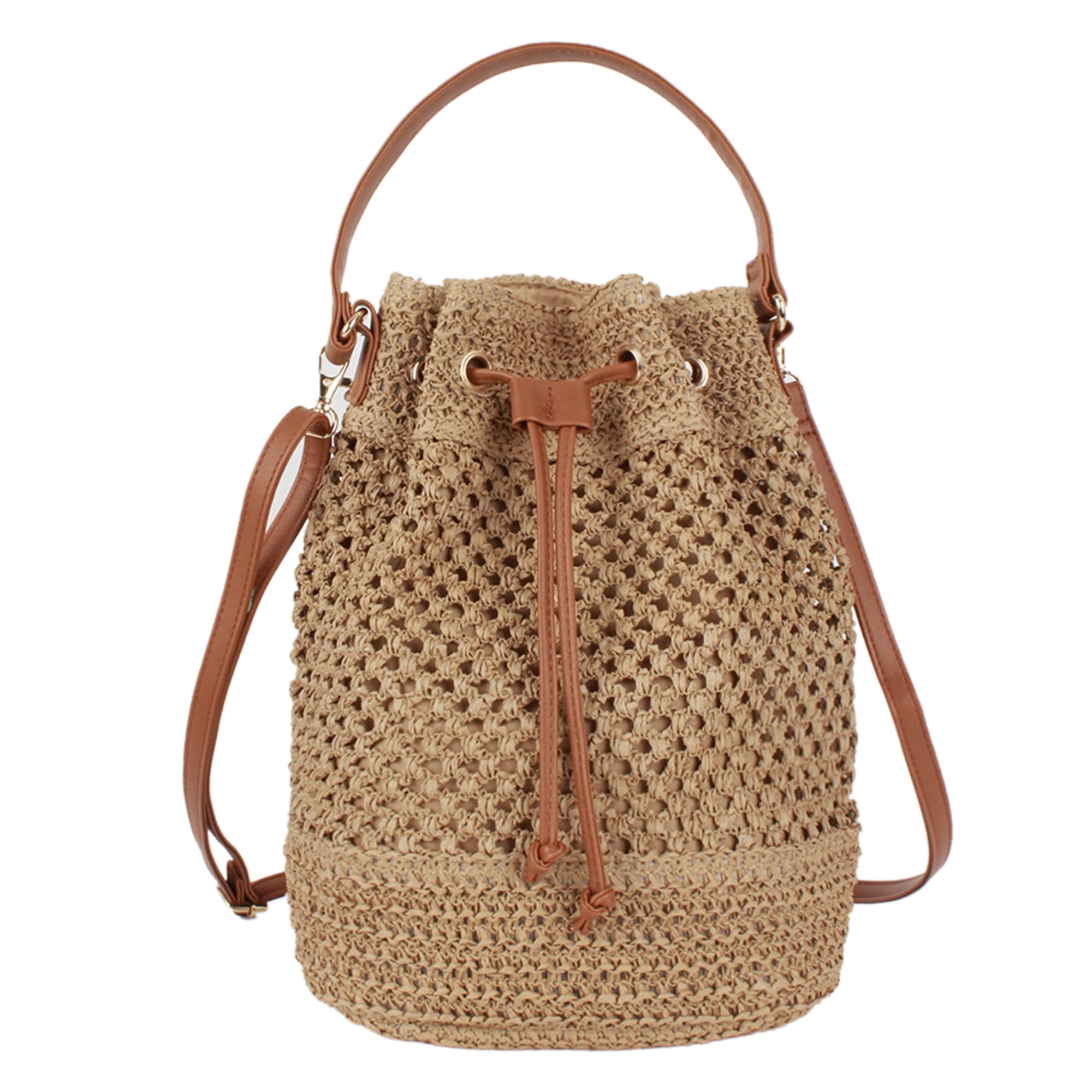 Van Caro Shoulder Bucket Bag Straw Tote StrawHandwoven Drawstring Beach/Crossbody Bag for Women,Light Coffee