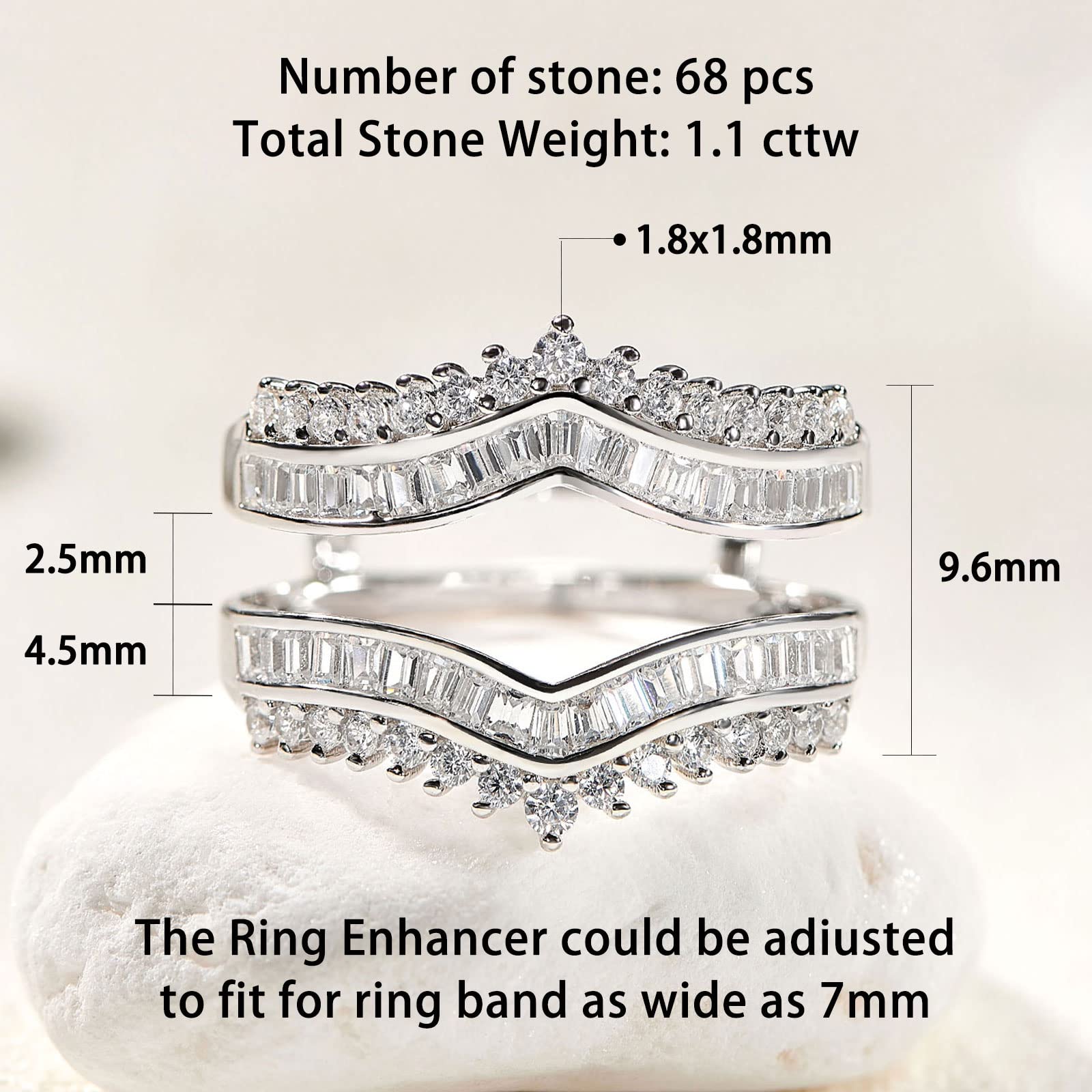 Newshe Cubic Zirconia Curved Bridal Ring Enhancer Guard for Women Engagement Rings White Gold 5A 925 Sterling Silver Size 7