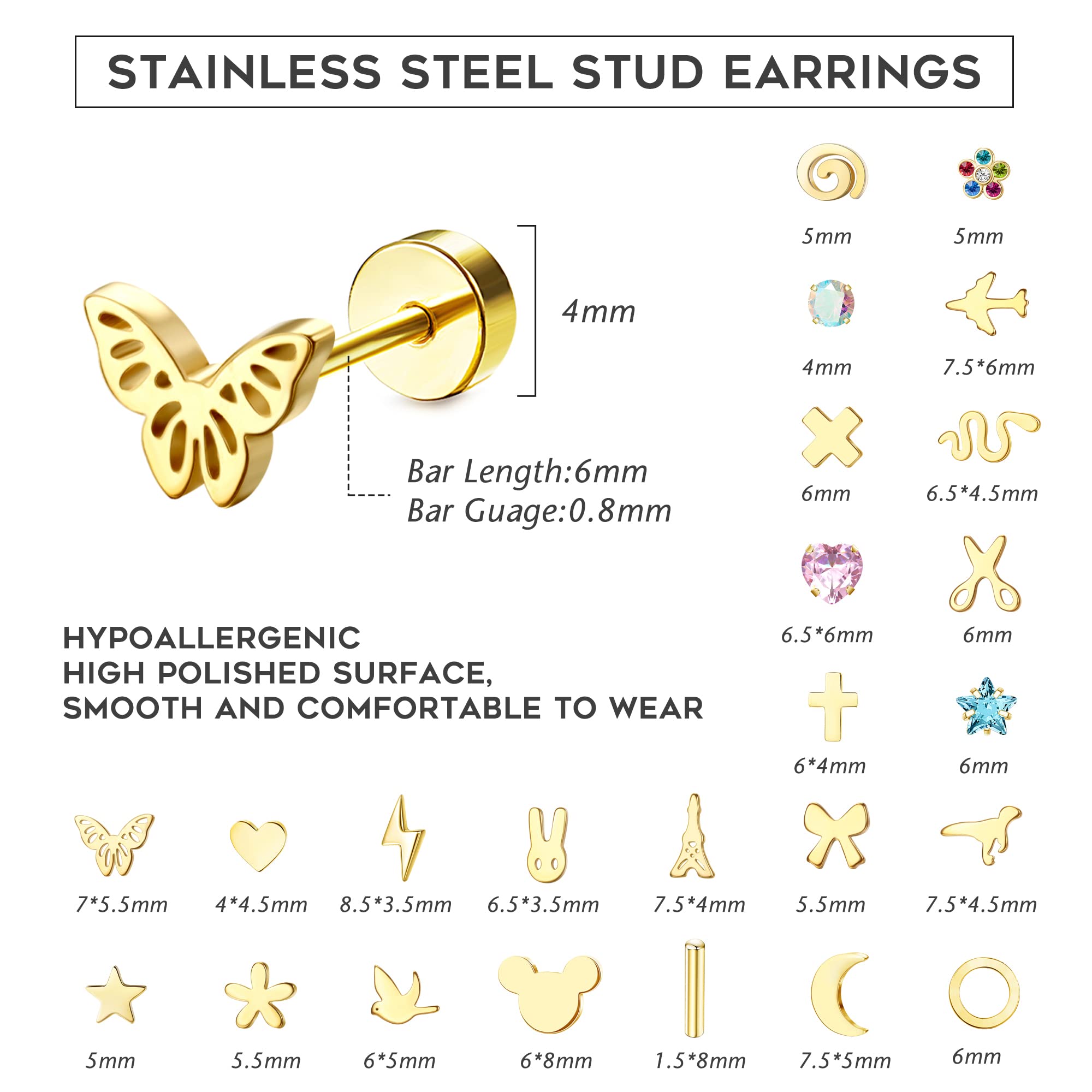 Drperfect 24 Pairs Stainless Steel Stud Earrings Set for Women Men Heart Butterfly Cat Flower Bar Cross Star Moon Snake 20G Cartilage Earrings Hypoallergenic Flatback Earrings Piercing Jewelry