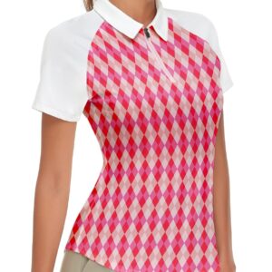 Women's Plaid Golf Polo Shirts Short Sleeve Moisture Wicking Golf Apparel Lady Argyle Golf Tops (Pink Argyle, Large)