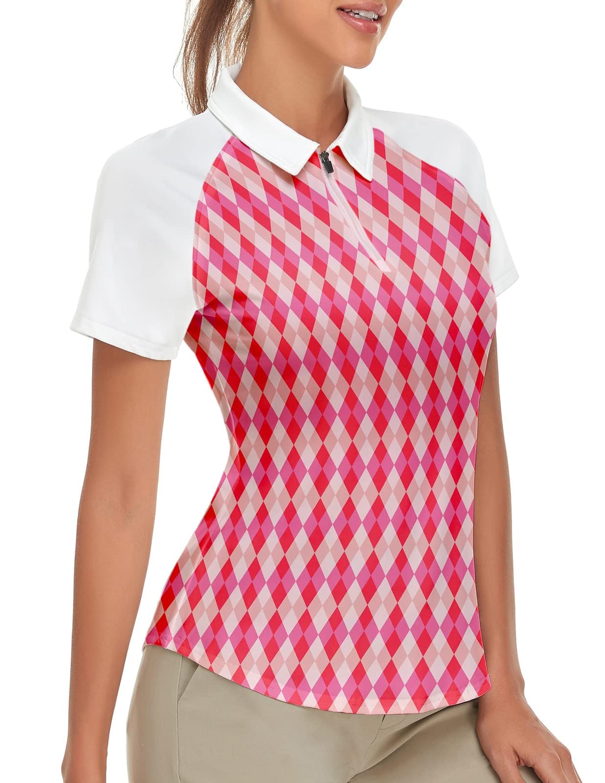 Women's Plaid Golf Polo Shirts Short Sleeve Moisture Wicking Golf Apparel Lady Argyle Golf Tops (Pink Argyle, Large)