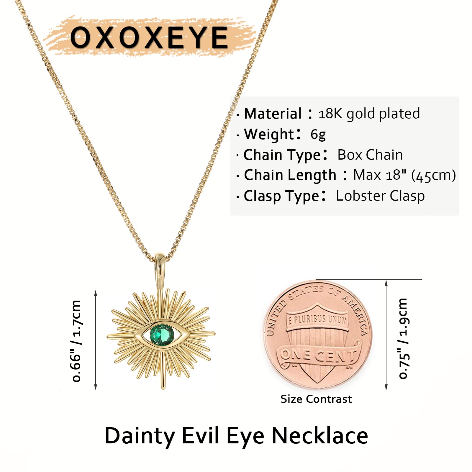 OXOXEYE Evil Eye Necklace Dainty Gold Necklace for Women 18K Gold Plated Necklace Cute CZ Eye Sun Ray Pendant Necklace