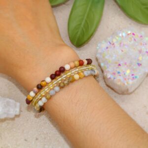 Joy Happiness Attract Positive Energy Stackable Beaded Gemstone Crystal Bracelet Set - Solar Plexus - Citrine, Crazy Lace Agate, Mookaite