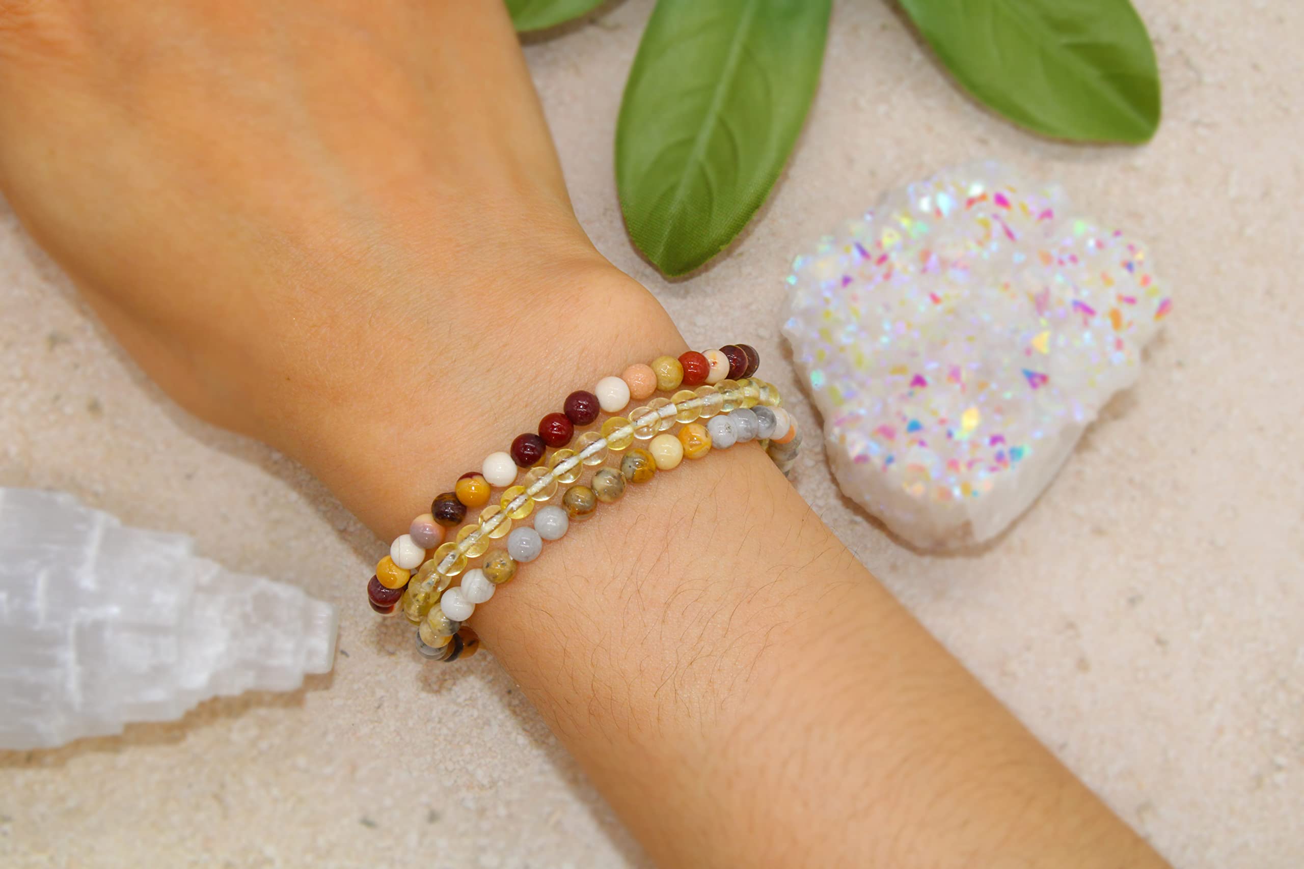 Joy Happiness Attract Positive Energy Stackable Beaded Gemstone Crystal Bracelet Set - Solar Plexus - Citrine, Crazy Lace Agate, Mookaite