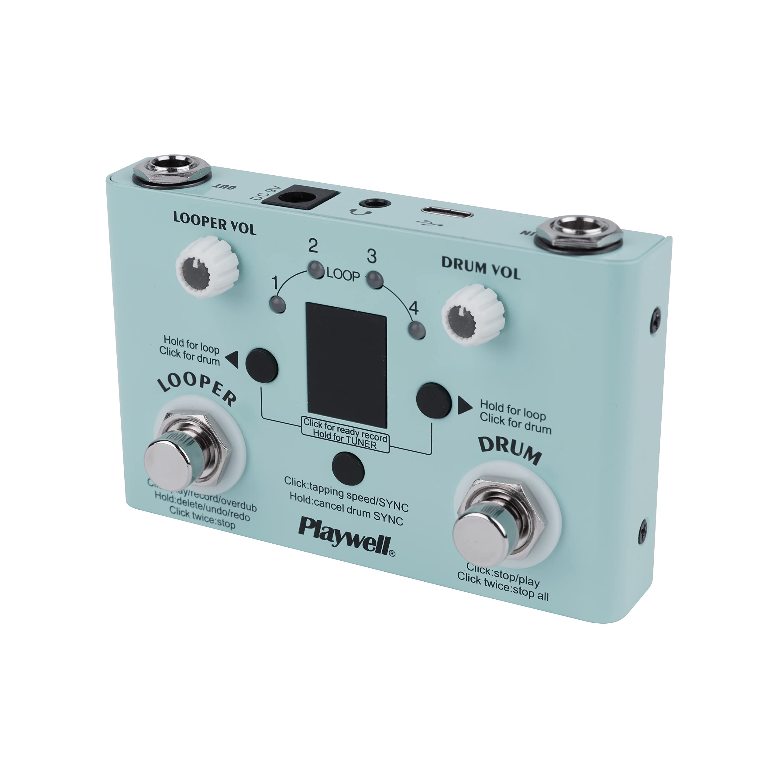 Playwell Drum Machine Looper with Tuner - 11 Minutes Looper 30 Drums - Link app to customize, edit and share drum codes - two kinds of power supply - Headphone Jack，digital display，LED indicator