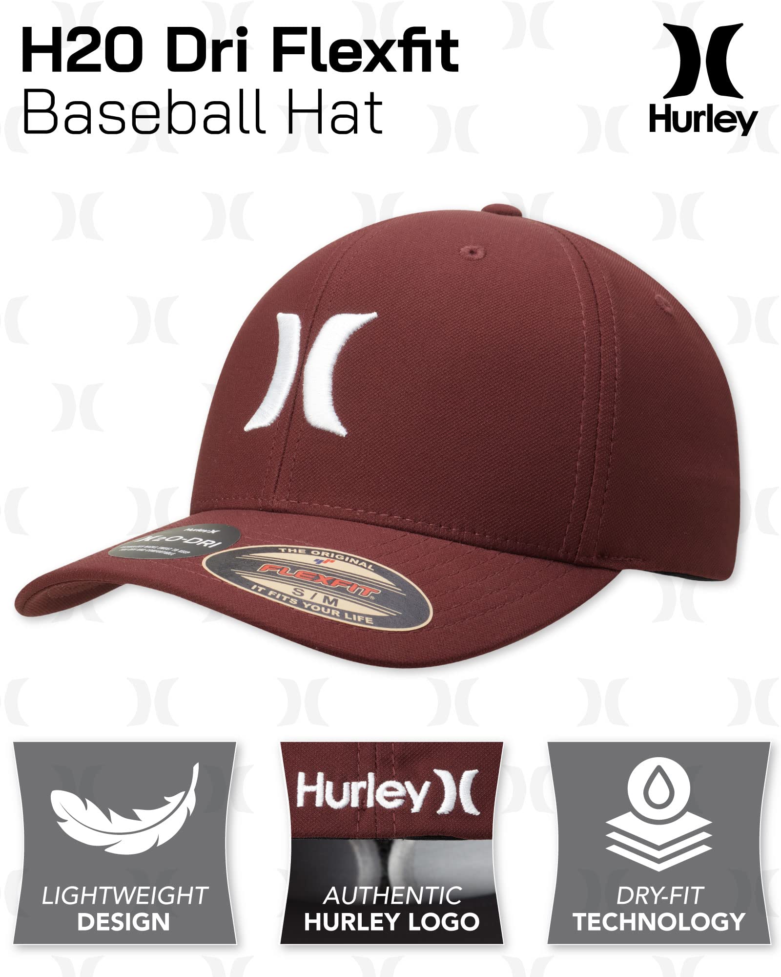 Hurley Men's H20 Dri One & Only Flexfit Baseball Cap, Size Large-X-Large, Burgundy