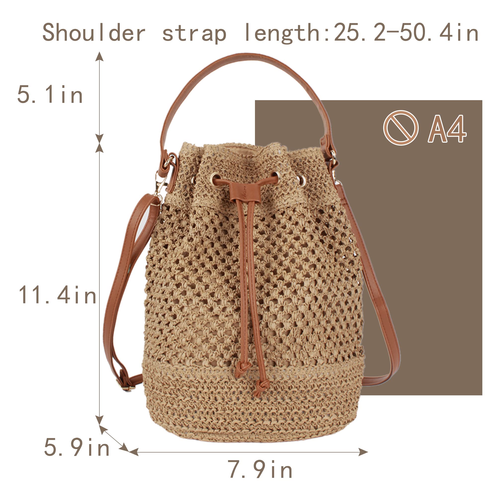 Van Caro Shoulder Bucket Bag Straw Tote StrawHandwoven Drawstring Beach/Crossbody Bag for Women,Light Coffee