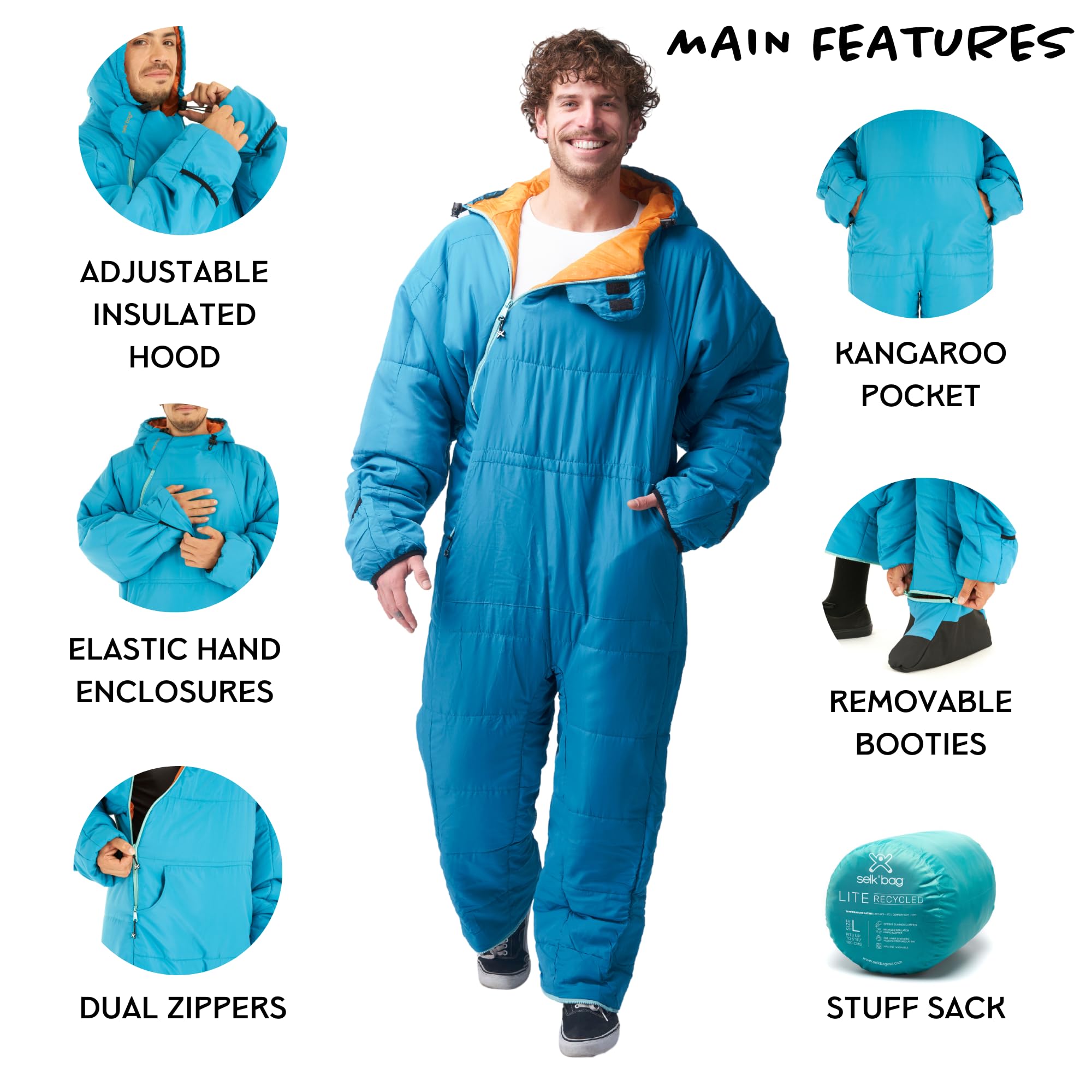 Selk'bag Lite Wearable Sleeping Bag - Outdoor and Indoor Sleeping Bags for Camping, Hiking, Backpacking - Lightweight Sleeping Bag Suit - Temp Rating 48-55 Degrees F - Teal Sunlight - Blue - Large