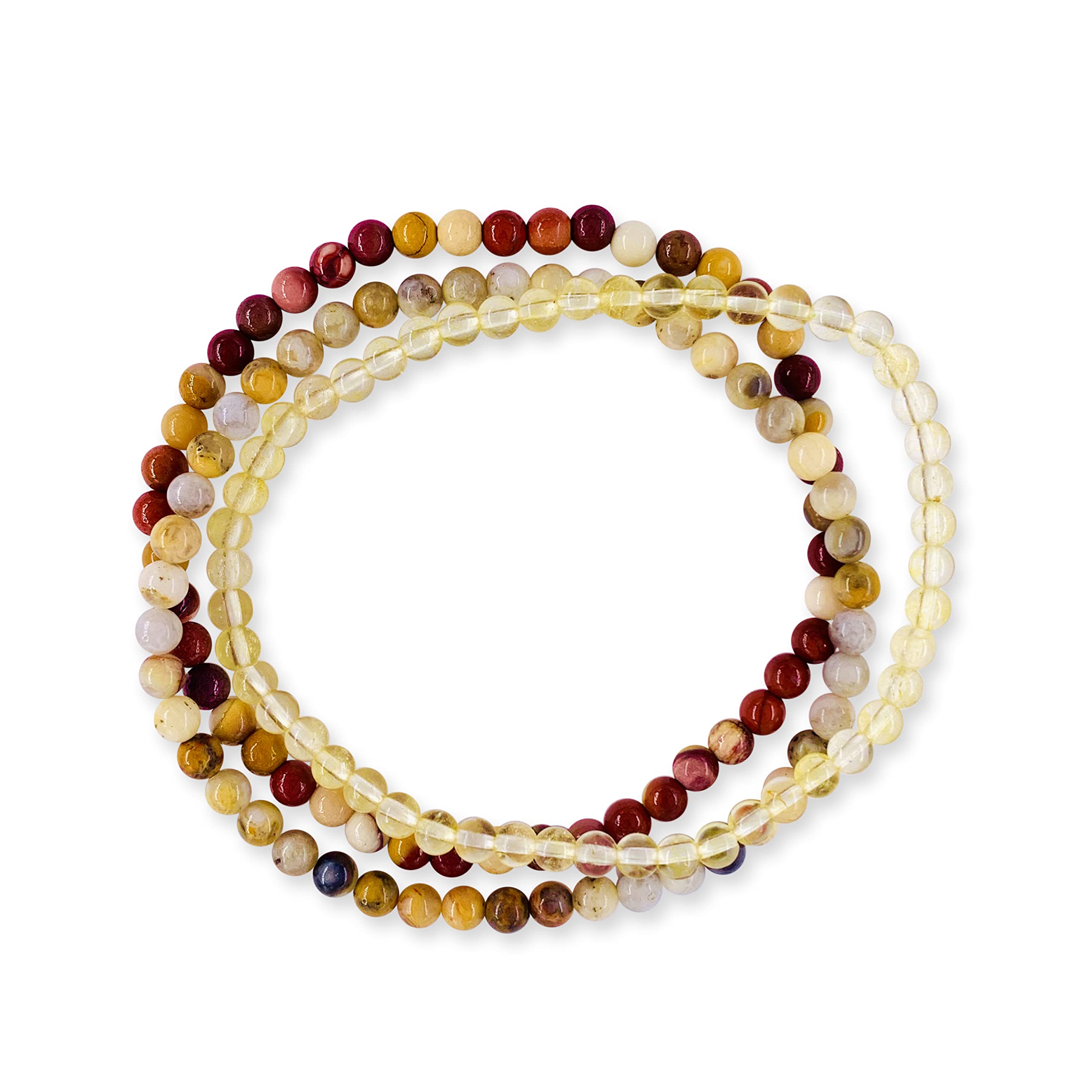 Joy Happiness Attract Positive Energy Stackable Beaded Gemstone Crystal Bracelet Set - Solar Plexus - Citrine, Crazy Lace Agate, Mookaite