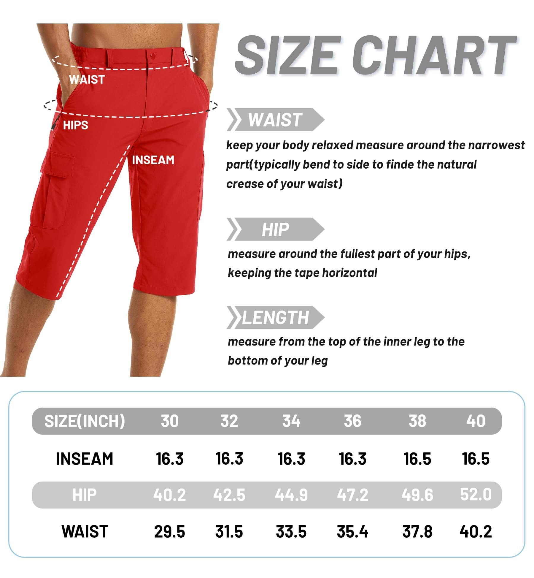 TACVASEN Mens Capris Shorts Men's Below Knee Shorts Red Cargo Shorts Tactical Workout Shorts Casual Hiking Shorts Zipper Pocket Shorts Men