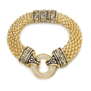 UNY Popcorn Chain Center Circle Pave Stone Unique Bracelet Magnetic Claps Designer Inspired Jewelry (Gold)